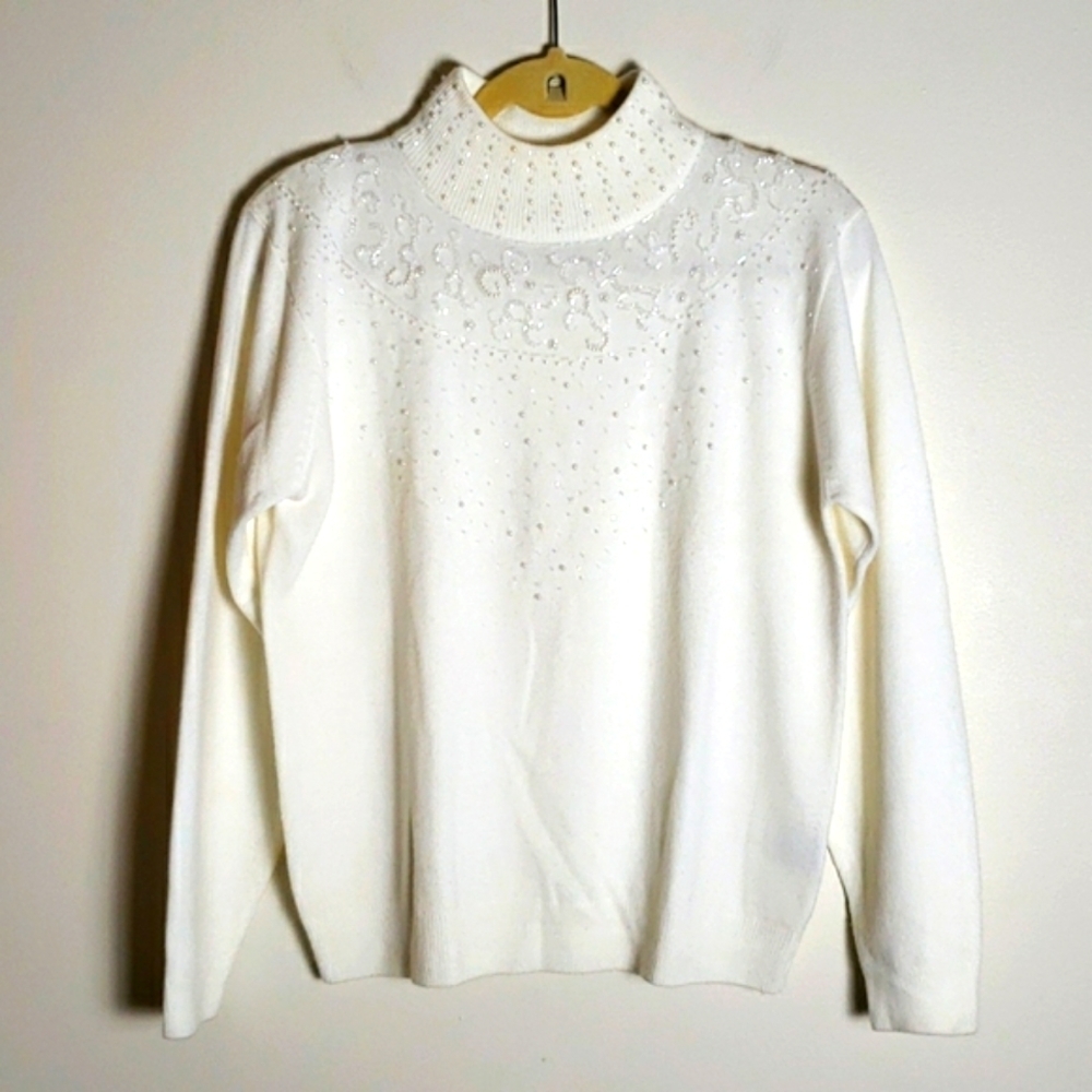 White beaded mock neck sweater, soft, fall, holiday season, women's size medium.